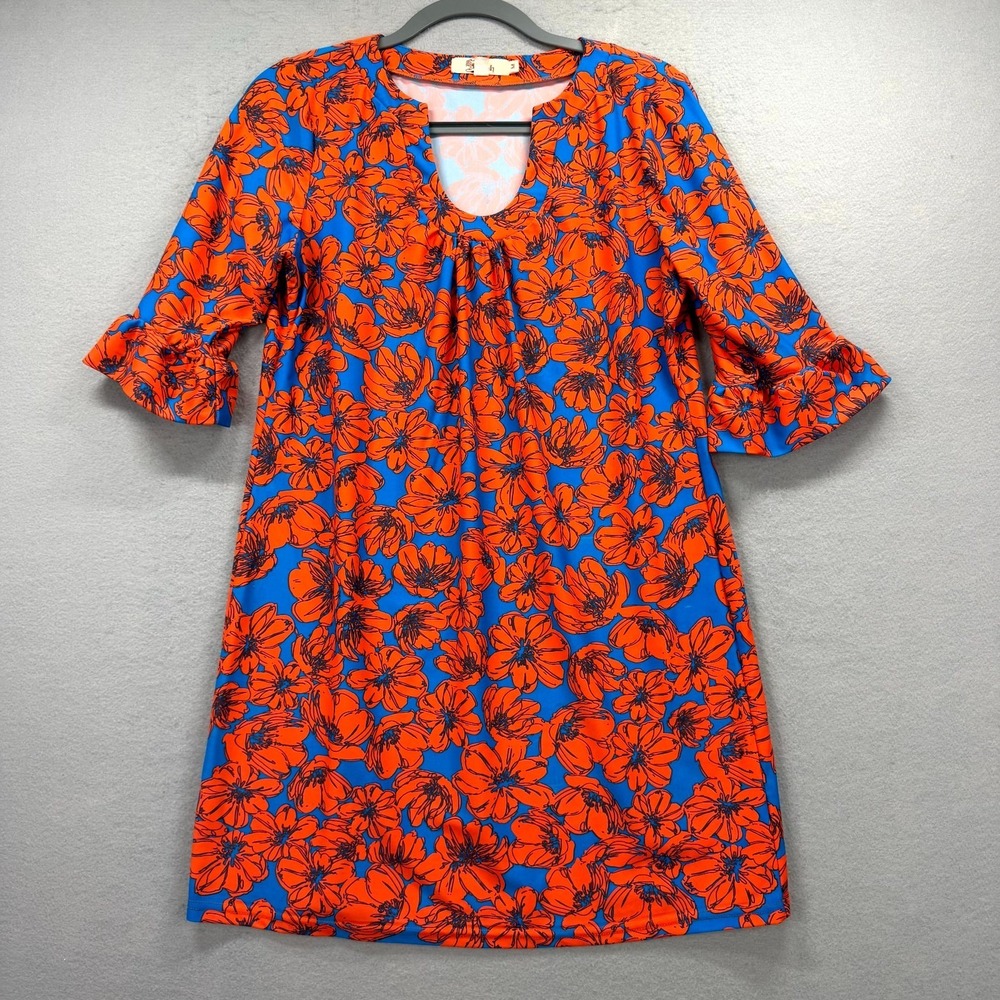 Aryeh Tunic Dress Womens‎ Medium Blue Orange Floral Ruffled Sleeve Pleated Neck